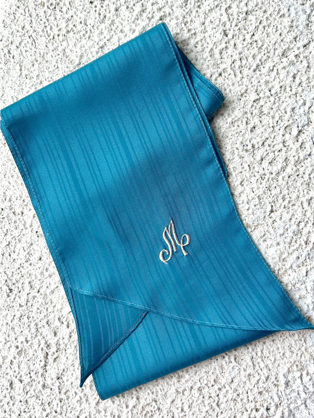Vintage Teal Blue Green Scarf Monogram M 1970s Career Wear